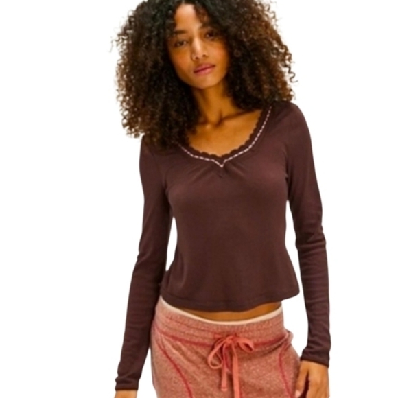 Free People Tops - NWT Free People Only You Brown Long Sleeve Ribbon Laced Top